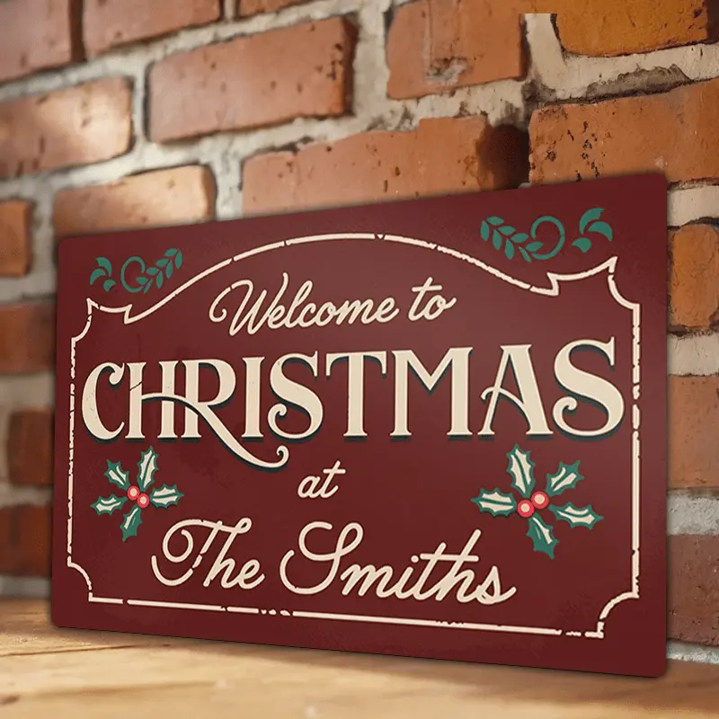 1pc Customizable Aluminium Christmas Plaque Sign, 8x12in Personalized "Welcome to Christmas at [Your Name]" Wall Decor, Non-Electric Durable Metal Holiday Ornament for Home, Garden