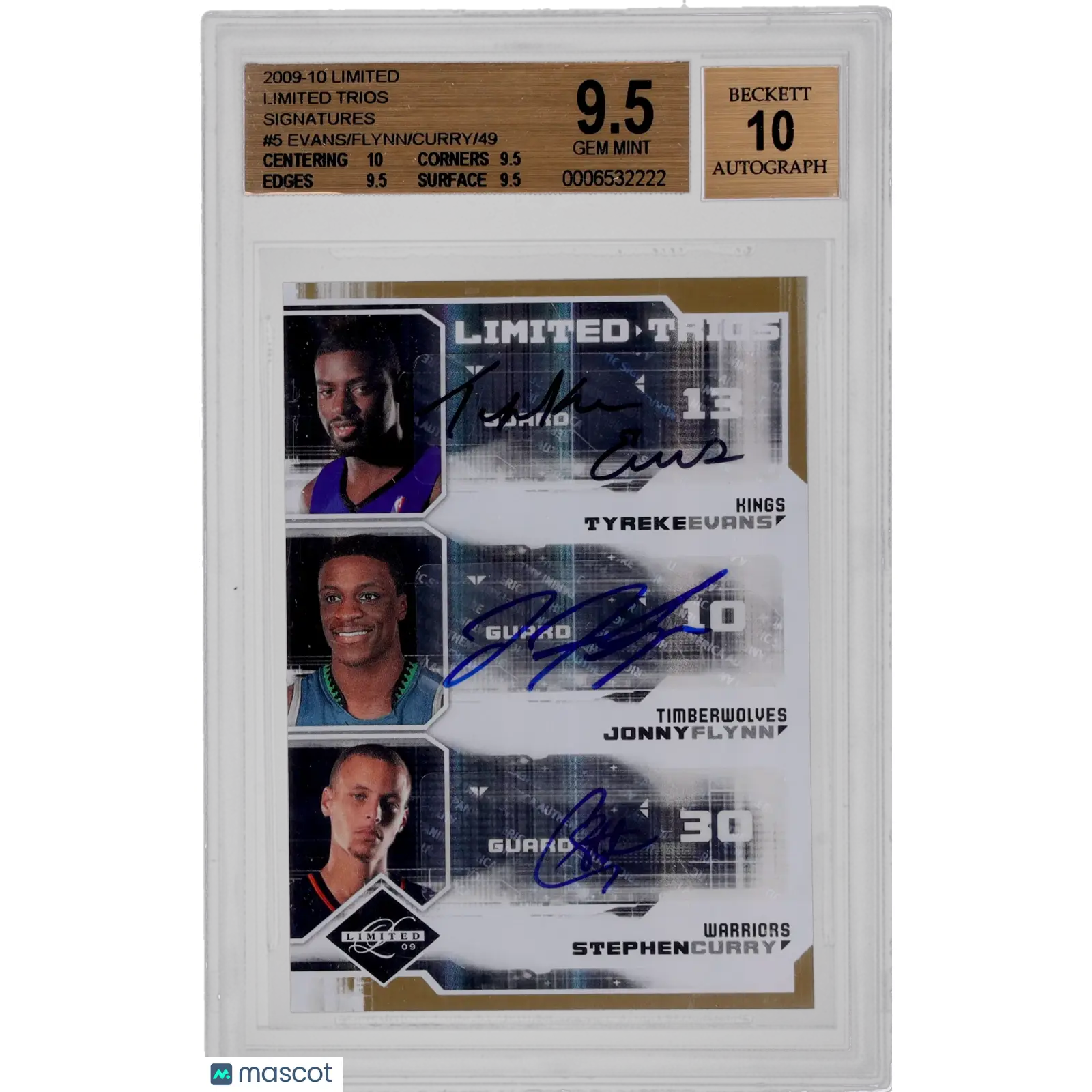 2009 Panini Limited Trios Signatures Stephen Curry Flynn/Evans #5 BGS 9.5 /49