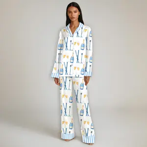 Apres Ski Champagne Pattern Satin Pajama Set For Women Long Lounge Set Sleepwear, Pajamas Set For Women , Champagne And Bows Wedding Pajamas