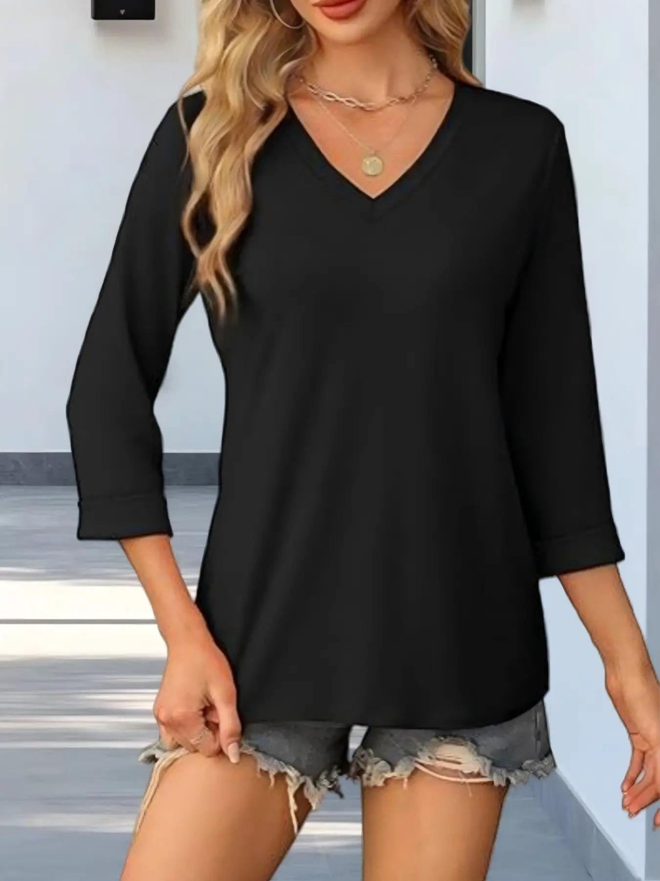 New Women's Seven-Quarter Sleeve V-Neck Loose Fit Top, Pure Color Aesthetic Elegant Minimalist Fashion Commuter Versatile T-Shirt, Stylish Casual Wear Elegance Womenswear, Black, Summer