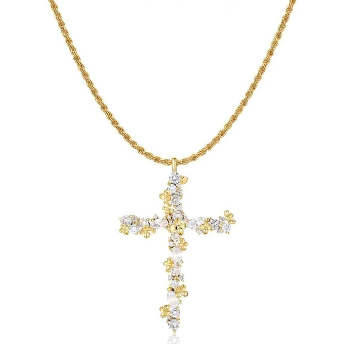 QUEENDO Iced Out Floral Cross Pendant Necklace - Gold Tone Religious Charm with Mixed-Cut Sparkly Stones, Twisted Rope Chain, Plus Adjustable Link Bracelet - Daily Party Fashion Jewelry Gift