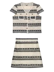 Women's Two-Piece Set, Custom Water-Soluble Lace Fashion Striped Top & Skirt, Short Sleeve Blouse + Mini Dress