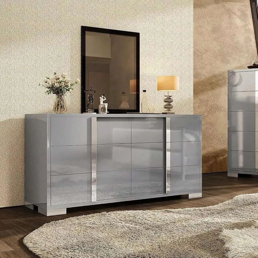 Glossy 6-Drawer Dresser With Silver Grooved Handles, Modern Storage Chest With Wide Tabletop, For Bedroom, Dressing Room & Living Room
