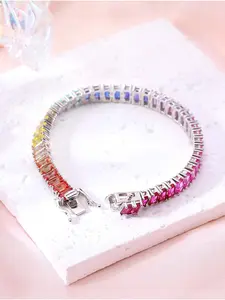 Luxury 925 Silver Lab-Grown Diamond Tennis Bracelet, Emerald Cut Multicolor Diamonds, Hypoallergenic Jewelry for Daily Wear & Parties