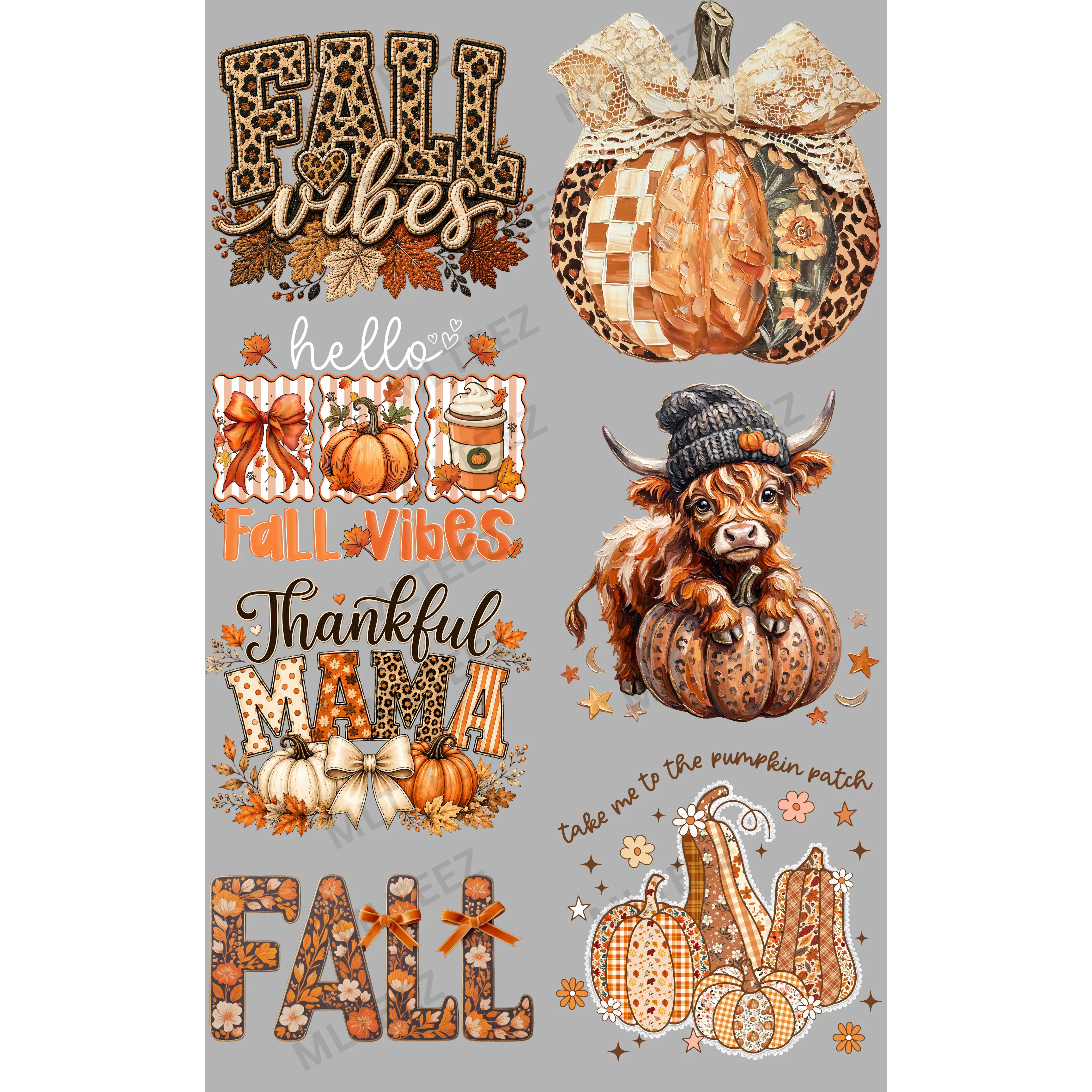 FALL VIBES (5) PREMADE GANGSHEET - 22X36 DTF TRANSFERS - DIRECT TO FILM