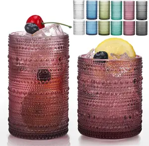 Hobnail Drinking Glasses, 12 Piece Colorful Water Glass Cups, Mixed Vintage Glassware Set, 6pcs 12oz Highballs and 6pcs 10oz old Fashioned Glasses, Great for Cocktail, Whisky