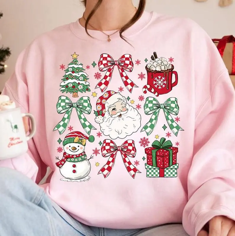 Coquette Christmas Graphic, Retro Holiday Sublimation Design, Hot Cocoa and Candy Cane Elements, Santa with Coquette Bow and Checkered Pattern, Girly Christmas Art