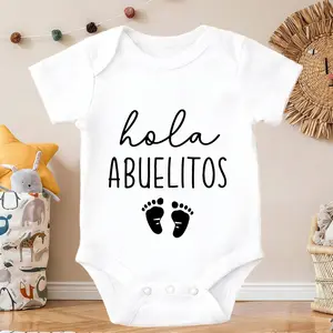 Hello Grandparents Footprints Print Baby Onesie Casual Crew Neck Romper Gentle on Skin Solid Color Skin - gentle Soft Comfortable Casual Everyday Wear, Suitable For Spring