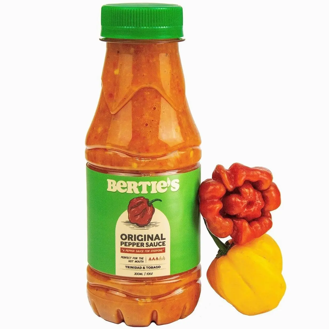 Bertie's Original Pepper Sauce (10 Oz/300ml) | Great Flavour And Heat | Made With Fresh Trinidad Moruga Red And Scotch Bonnet Yellow Peppers | Tastes Like Home Made