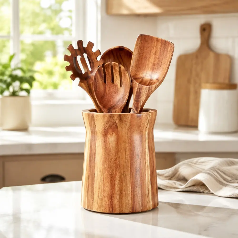 360° Rotating Acacia Wood Utensil Holder, Large Countertop Kitchen Utensil Crock, Farmhouse Kitchen Decor, Organizer for Spatulas, Spoons, Whisks, Makeup Brushes & Flowers
