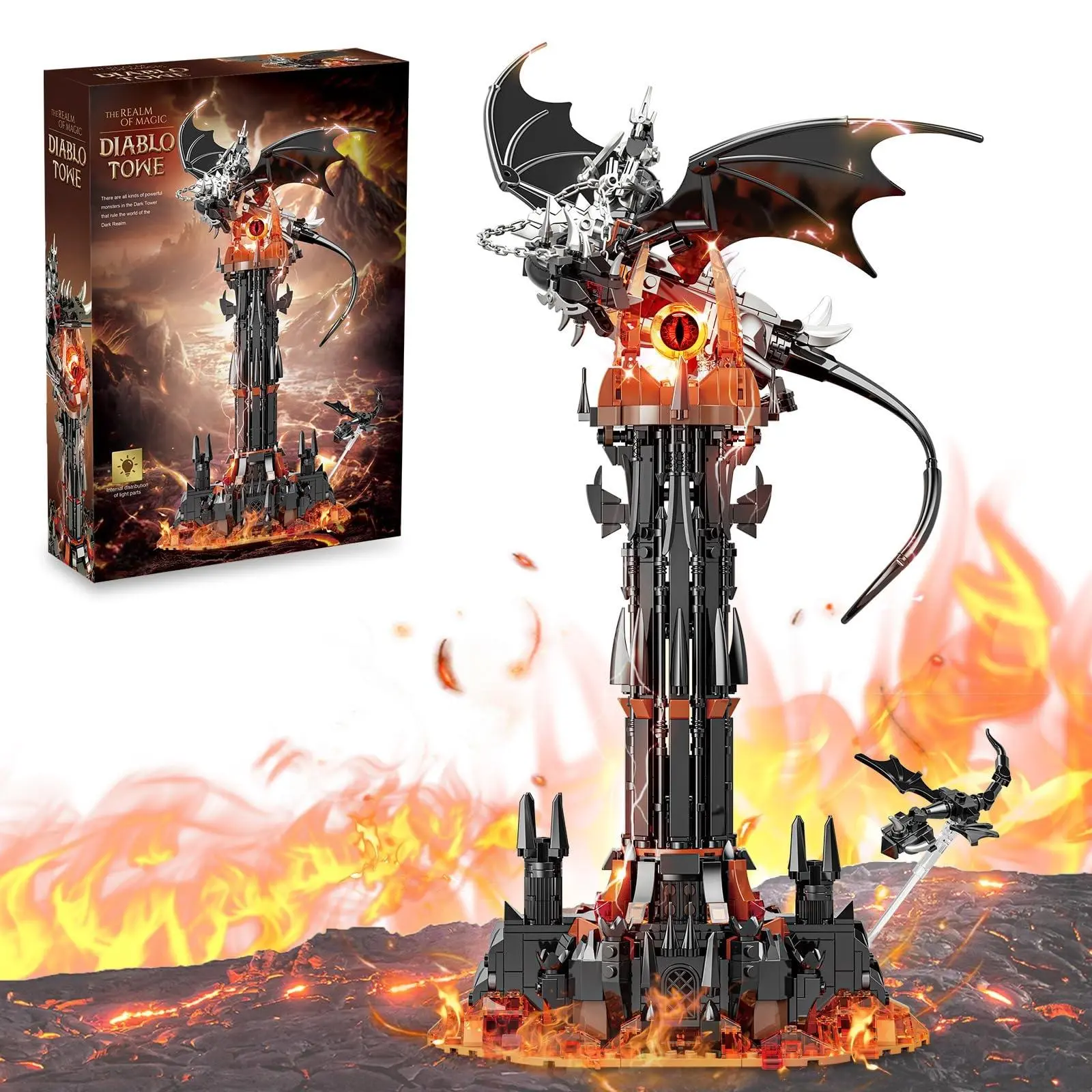 Gothic Fantasy Tower & Dragon Creature Building Blocks Figure, 1007-Piece STEM DIY Model, Collectible Construction Set with LED Lights, Dark Fantasy Desk Decor Gift for Collectors