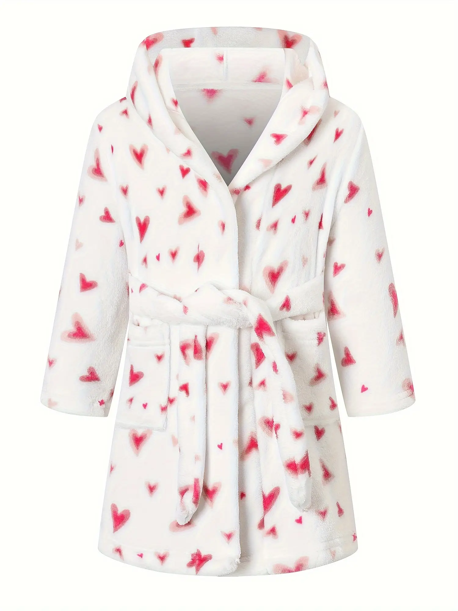 Kids Heart Print Hooded Bath Robe - Soft Flannel Toddler Robe for Girls