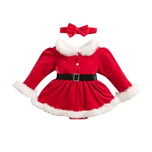 My First Christmas Baby Girl Outfit Newborn Long Sleeve Romper Dress Bodysuit Headband Winter Clothes