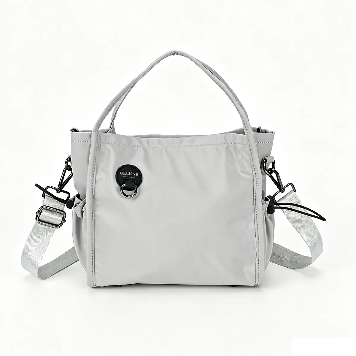 Minimalist Men Waterproof Polyester Tote Bag, Black Light Grey, Detachable Strap Crossbody Handbag With Side Pockets
