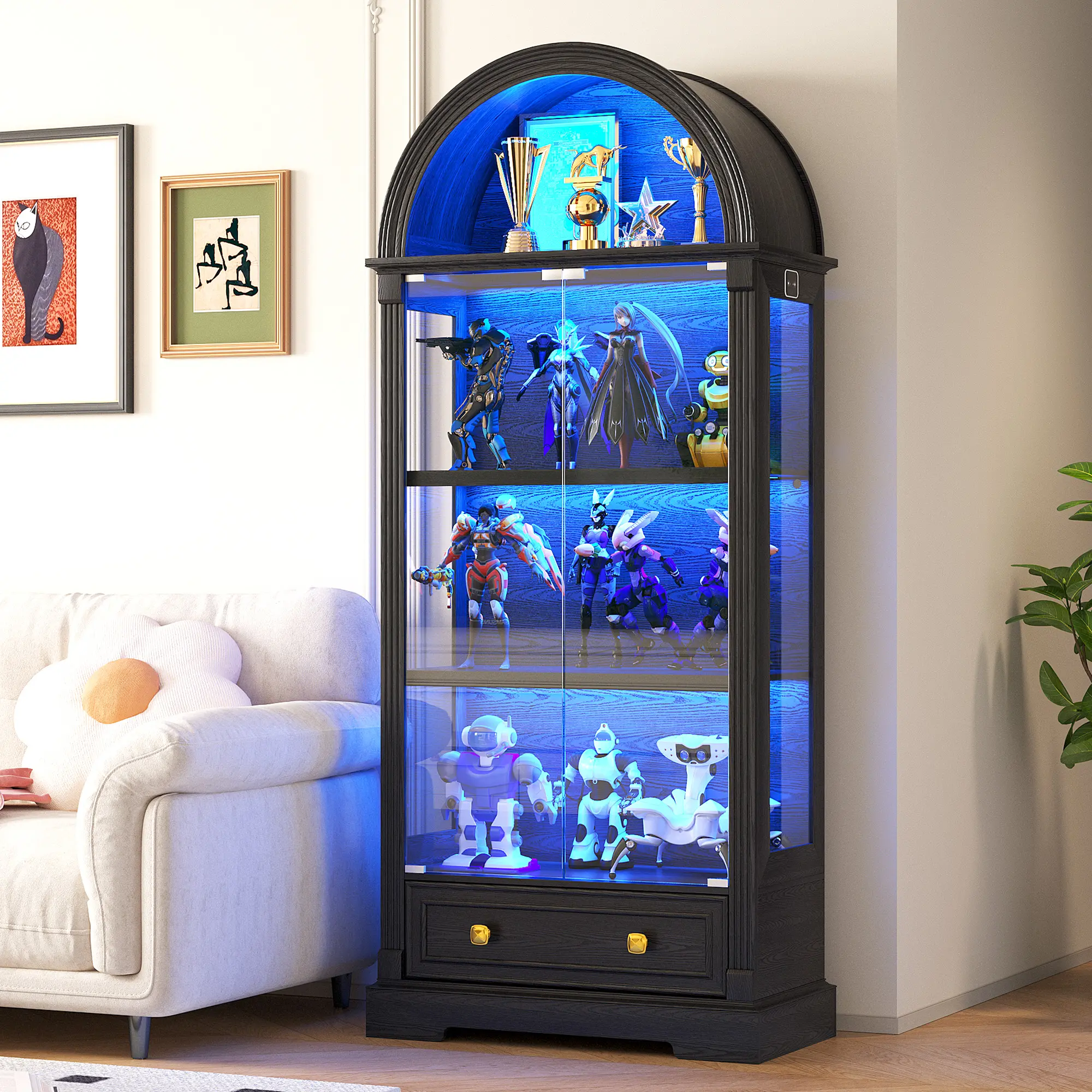 MIU Farmhouse Display Cabinet with Doors,Drawer & Adjustable Shelves, 71” Tall Bookshelf Modern China Storage Kitchen Pantry for Living Room,Office