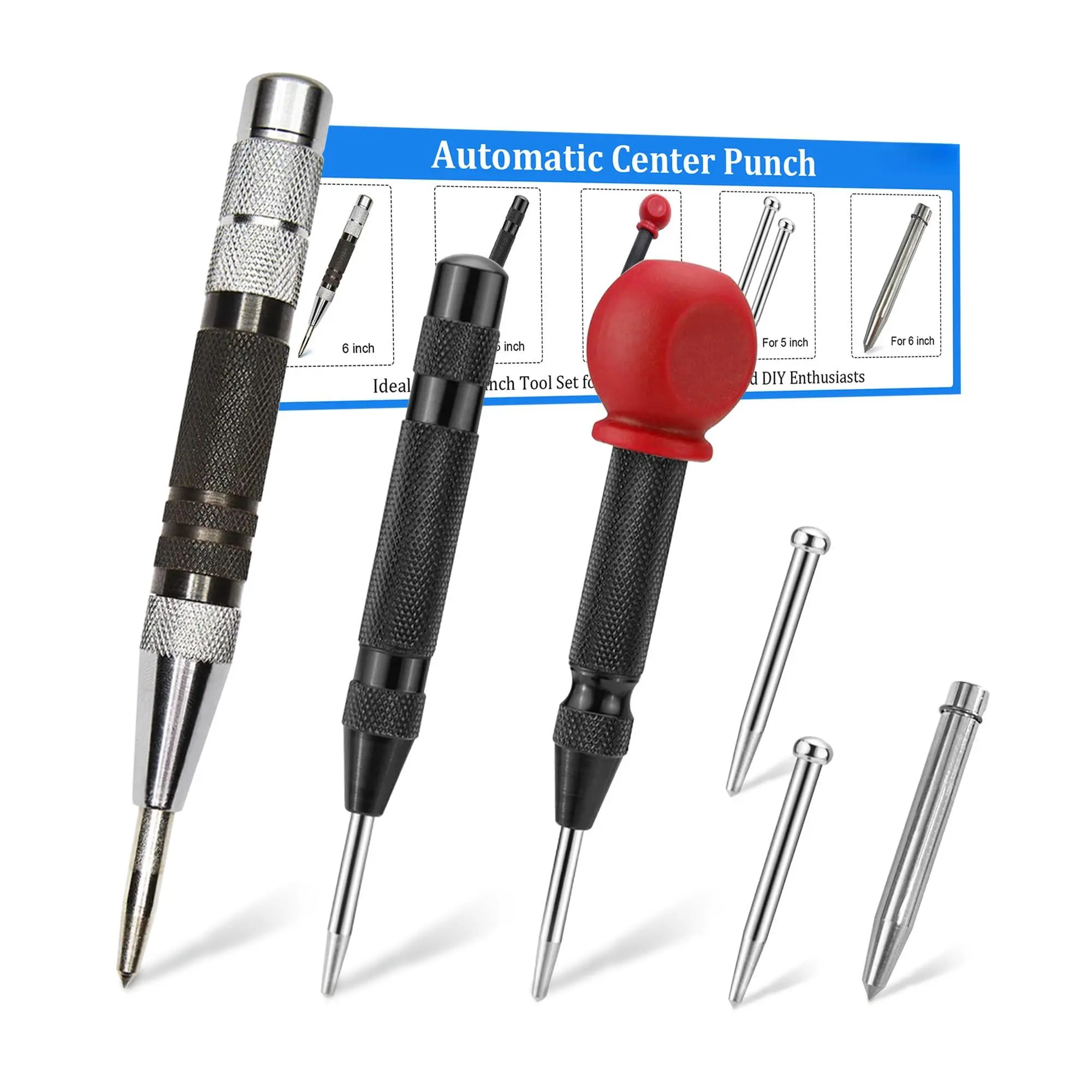 3pcs 6" And 5" Automatic Center Punch With Replacement Tip  Adjustable Spring Loaded Hole Tool For Wood Metal Plastic Stone Glass