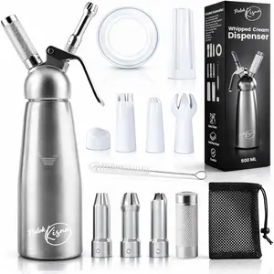 Professional Aluminum Whipped Cream Dispenser 500mL 1 Pint Leak-Free Whip Cream Maker Canister with 6 Decorating Tips Cleaning Brush & Gaskets for Desserts Coffee & Foam Chargers Not Included