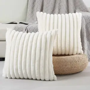 Plush Solid Striped Cushion Cover Set of 2 Skin Friendly Warm Cozy Soft Cushioned Floor Home Decoration for Sofa Bedroom Office