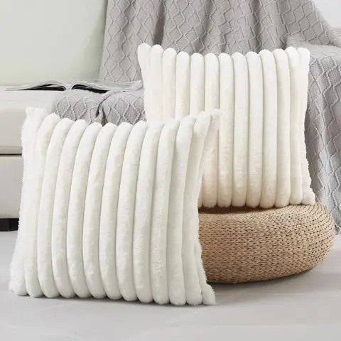 Plush Solid Striped Cushion Cover Set of 2 Skin Friendly Warm Cozy Soft Cushioned Floor Home Decoration for Sofa Bedroom Office