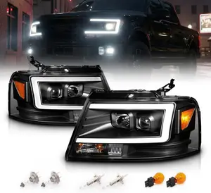AmeriLite For 2004-2008 Ford F-150 Truck C-Type LED Tube Square Black Projector Headlights Assembly Pair - Driver and Passenger