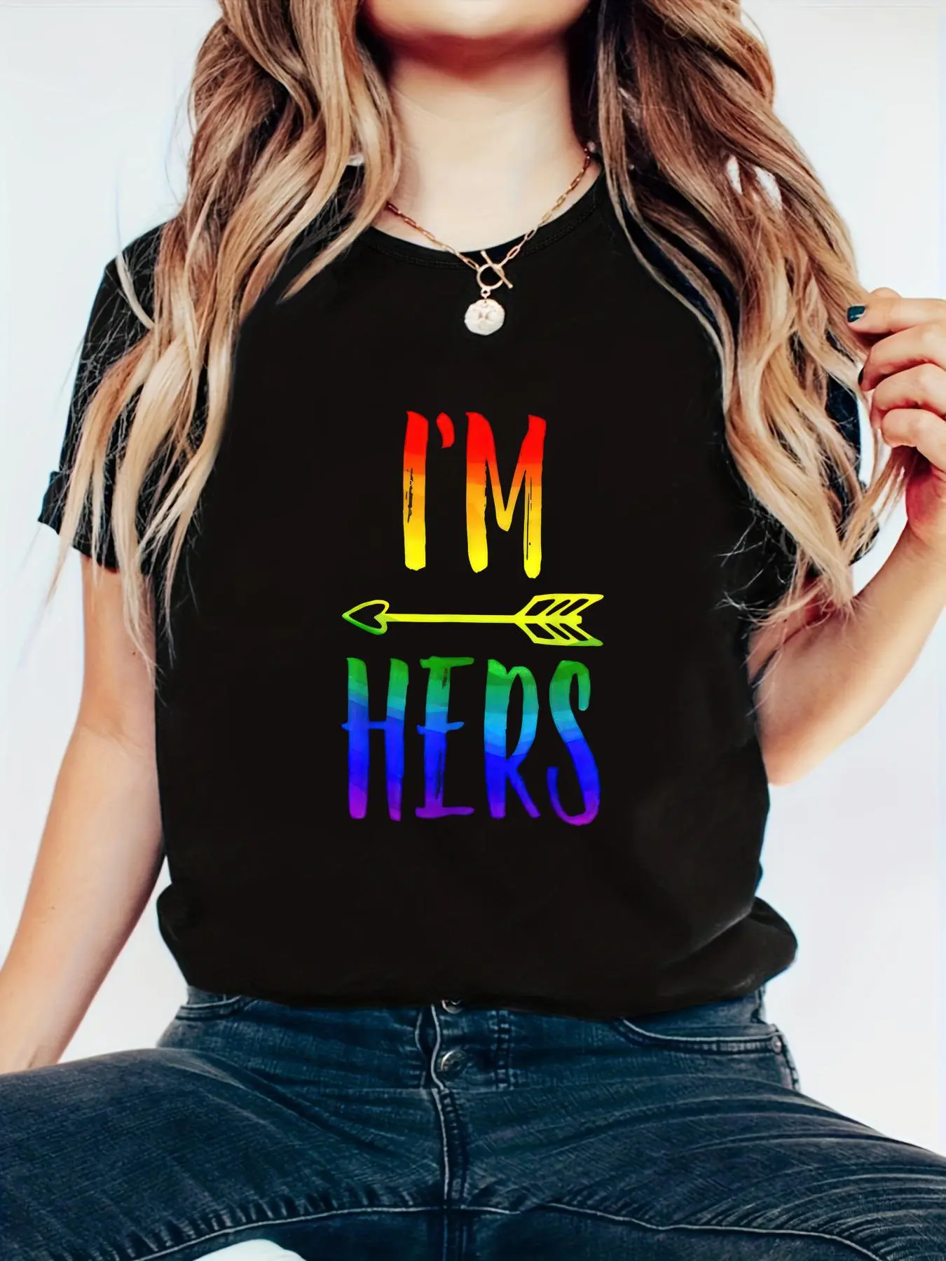 Women's 100% Cotton Short-Sleeve Casual Loose T-Shirt - LGBT Pride "I'm Her She's Mine" Lesbian Couple Matching Top with Romantic Relationship Message Slogan & Stylish Design, Shortsleeve, Romantic Relationship Message Slogan Women's T-Shirts
