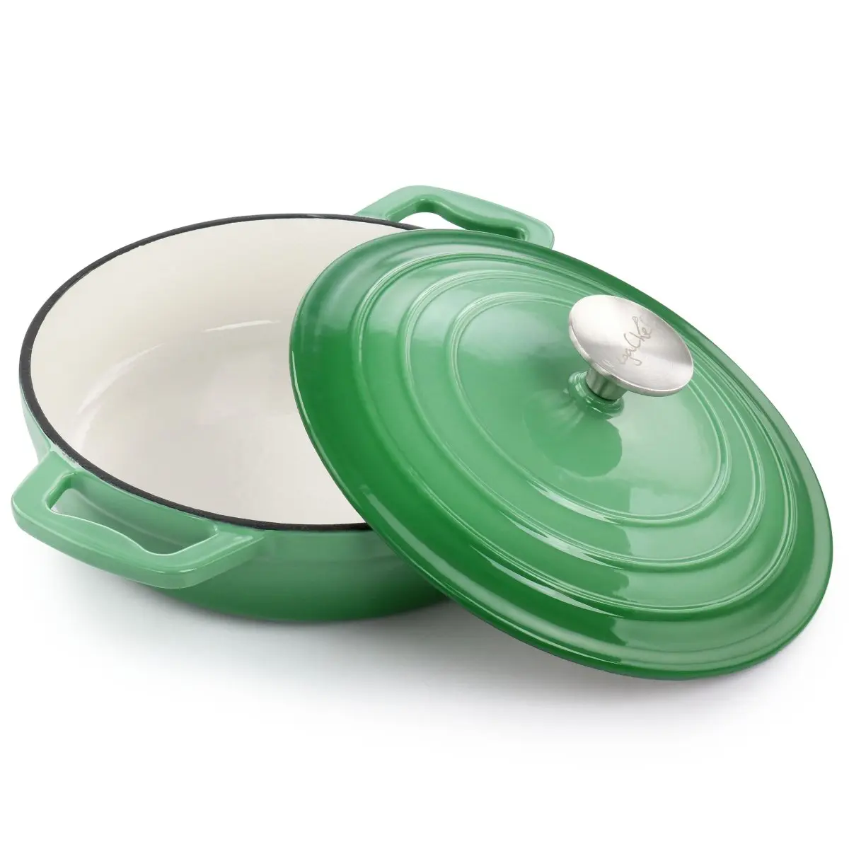 MegaChef MG-BRS22G Enameled Cast Iron Braiser Pan - 2 qt., Round Shape, Enameled Finish, Single Pan for Home Cooking, Green