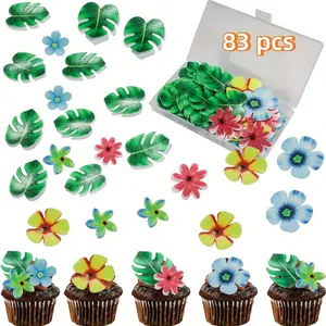 Set of 83 Edible Tropical Palm Leaves & Hawaii Flowers Cupcake Toppers Edible Flowers Cupcake Picks Hawaii Theme Cake Decorations for Jungle Theme Birthday Party Wedding Cake Decoration Supplies