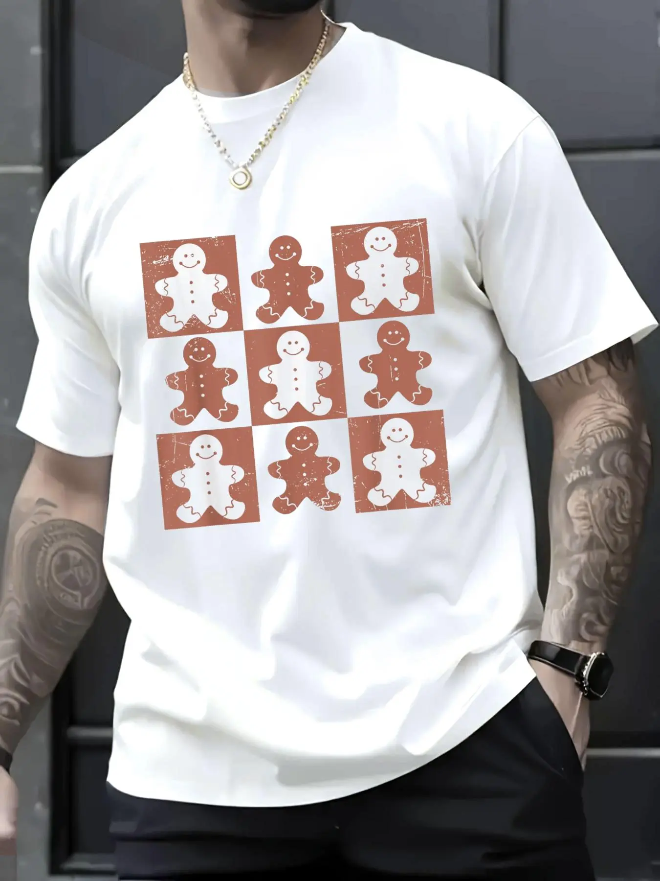 Men's Retro Christmas Graphic T-Shirt, Distressed Checkered Gingerbread Man Print, 100% Cotton Casual Loose Fit Short Sleeve Top, Menswear, Round Neck, Tshirts, Distressed Print, Multi-Size, Jackets, All Seasons, Streetwear