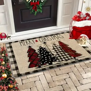 1 Piece Plaid Bottom Doorway Rug with Christmas Tree and Merry Christmas, Silicone Bottom, Soft Non-Slip, Indoor and Outdoor Entry Mats for Bedroom Living Room Bathroom Floor Mats, Home Decor Rugs, Home Decor, Christmas Accents