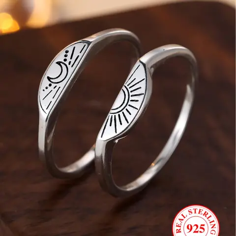 S925 Sterling Silver Unisex Cute Moon & Sun Design Beautiful Rings, 2 Counts/set Engraved Ring Vintage Trendy Promise Rings for Couple, Matching Rings, Jewelry for Women & Men As Gift Valentine's Day