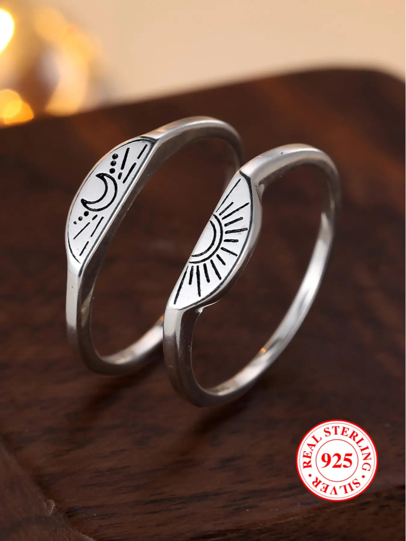 S925 Sterling Silver Unisex Cute Moon & Sun Design Rings, 2 Counts/set Vintage Trendy Promise Rings for Couple, Fashionable Jewelry for Women & Men As