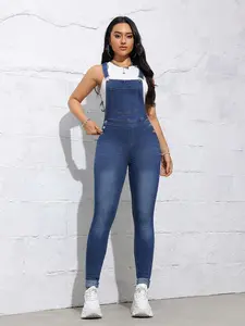 Women's Plain High Waist Skinny Denim Overalls, Casual Sleeveless Pocket Button Overall Jeans for Daily Wear, Ladies Bottoms for All Seasons, Womenswear, Dungarees, Clothes for Women, Comfy Jumpsuit, Casual Fitted Jumpsuit