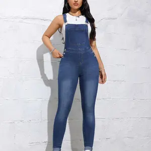 Women's Plain High Waist Skinny Denim Overalls, Casual Sleeveless Pocket Button Overall Jeans for Daily Wear, Ladies Bottoms for All Seasons, Womenswear, Dungarees, Clothes for Women, Comfy Jumpsuit, Casual Fitted Jumpsuit