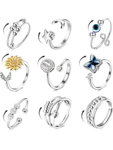 9 Pcs Fidget Anxiety Rings for Women & Men, Spinner Rings for Stress Relief, Adjustable Open Cz Flower Moon Star Design, Stackable Rings, Statement Multi Ring, Acquired Style Ring