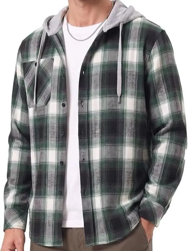 Men's Plaid Hooded Flannel Jacket with Drawstring and Pockets, Long Sleeve, Button Front, Casual Style, Green and White Menswear