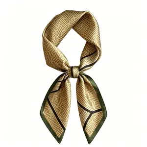 Female 75g Ultra-Lightweight Gold Geometric Print Square Silk Scarf, Soft Breathable Women's Headscarf, All-Season Accessory Ideal for Summer Air-Conditioned Spaces, Daily Use, Bridesmaid Gift