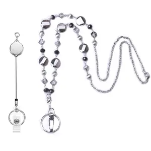 Simple Beaded Chain ID Badge Holder Leaves Retractable Lanyard Necklace Jewelry