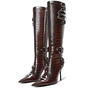 High Crocodile Boots For Women Pointed Slim Stiletto Heel Long Tall With Slide Zipper Buckle Rivets