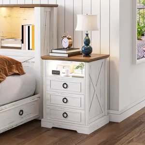 FREDEES Nightstand with Charging Station,Farmhouse End Side Table with 3 Drawers and Open Storage,Smart Bedside Table with LED Light & Human Sensor for Bedroom