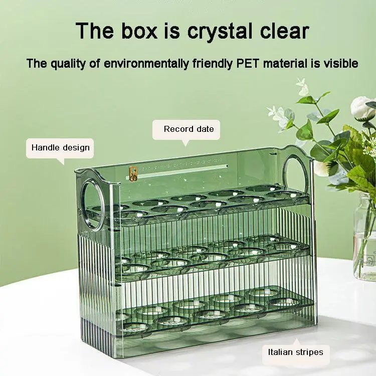 Acryl Egg Fridge Storage Box - Multi-Layer Tray Organizer with Convenient Opening Closing Kitchen Egg Holder with Large Capacity Egg Storage Box Refrigerator Side Door Storage Rack Reversible