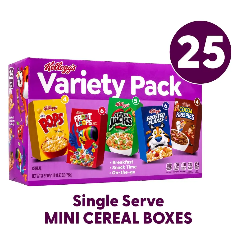 Assorted Cereals Variety Pack 25 Pack - Includes Breakfast, Snack Time, and More