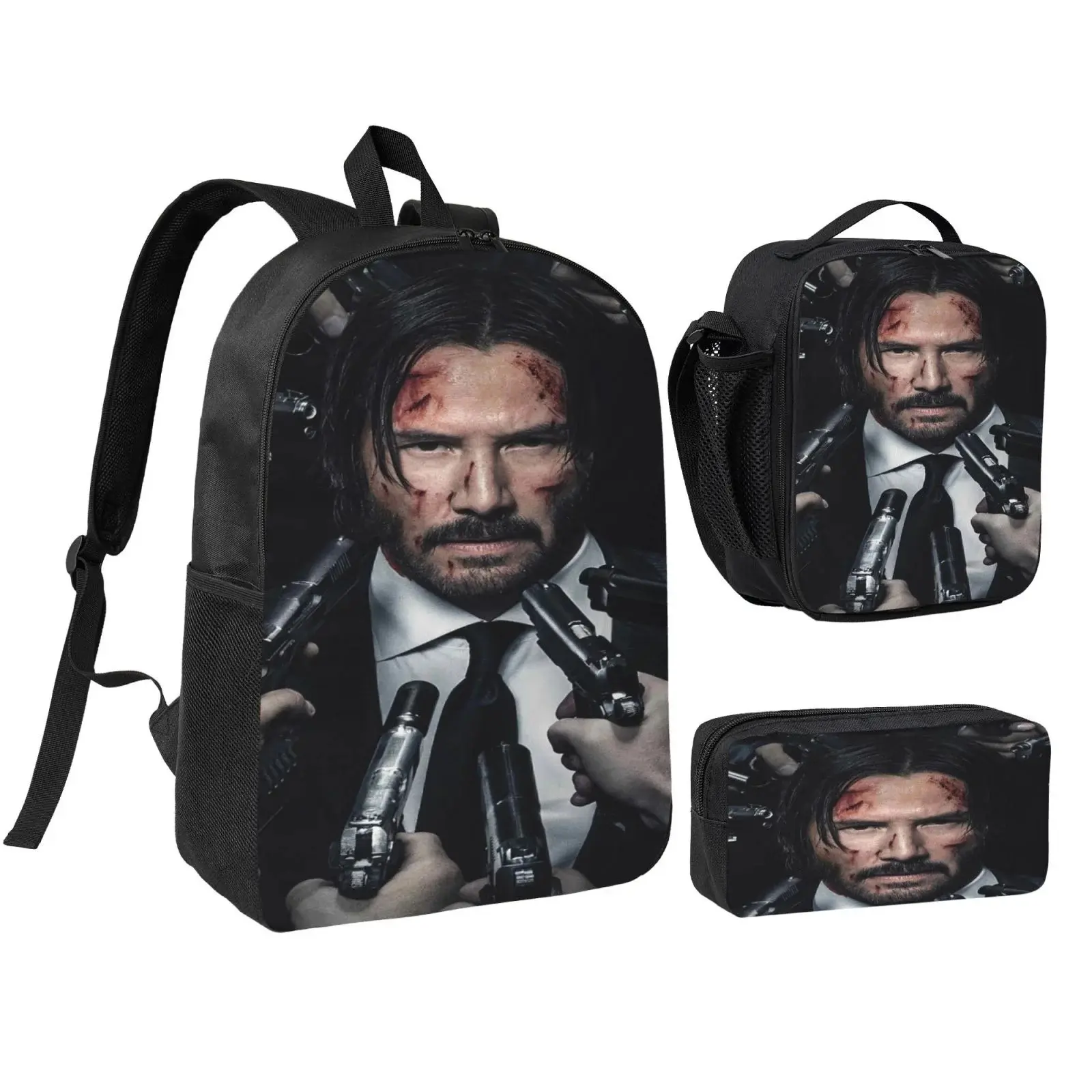 Retro Chic 3-Piece Action Movie Print Backpack Set - 90S Athletic Look, Water-Repellent Oxford Cloth, Multi-Compartment Large Capacity Bag, Lightweight, Hand Wash Only, Ideal for Youth School/Travel EDC Luggage Bag