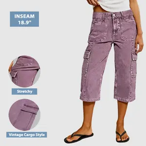 Flamingals Flap Pocket Stitch Detail Mid Waist Straight Leg Capri Pants Womenswear 18.9" Inseam