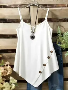 Women's Summer Casual Round Neck Sleeveless Fitted Top with Button, Basic Plain Color Design, Perfect for Daily Wear & Comfortable Fit