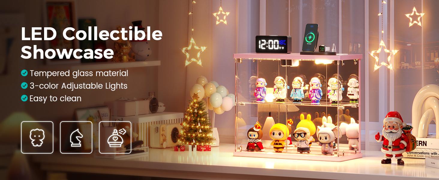 Miu vanity Display Cabinet with Glass Doors,Storage Cabinet with 3 color light,2-Tier Curio Cabinet case for Collectibles,Toys，Books，for Playroom，Bedroom，Study Room,Black,Pink