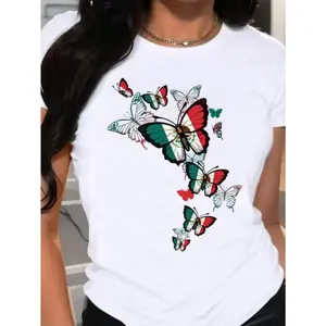 Women's Casual Graphic Print T-Shirt - Vibrant Butterfly & Map Design, 100% Cotton Loose Fit Short Sleeve Round Neck, Breathable Summer Essential for Daily Wear & Parties, Comfortable Fashion | Natural Elegance | Relaxed Fit Shirt