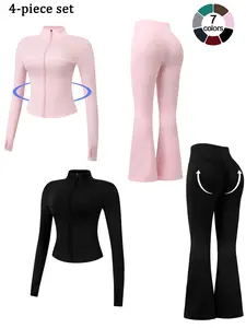 New Women Sports Set Zipper Stand Collar Thumb Hole Jacket Long Sleeve Solid Color High Waist Tummy Control Hip Lifting Flared Pants Yoga Wear Gym Outdoor Running Daily Shopping Vacation Party Comfortable Outfit Sportswear