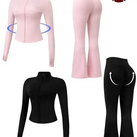 Women's Sportswear Set, Zip Up Stand Collar Thumb Hole Long Sleeve Jacket & High-Waist Tummy Control Butt-Lifting Flared Pants, Solid Color Yoga Fitness Outfit Set for Gym and Outdoor Running