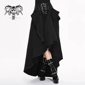 Gothic Style Tie Metal Buckle Patchwork Long Skirt Dark Punk Rock Party Dress Up Winter Autumn Fabric Outfit for Women
