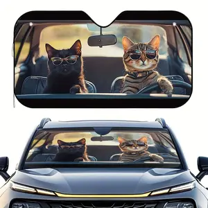 Cat Driving Fashion Glasses Print Car Sunshade - Foldable Cover with 4 Suction Cups, Fit for Cars, SUVs & Trucks - Stylish Car for Men & Women, Cat Car, Vehicle Interior Cooler, Playful Interior Decor, Easy Installation Accessory Windshield Sun Shade
